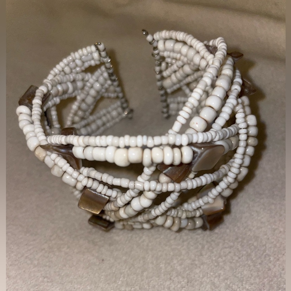 Handmade Off-White Woven Bracelet with Seashells and Beads